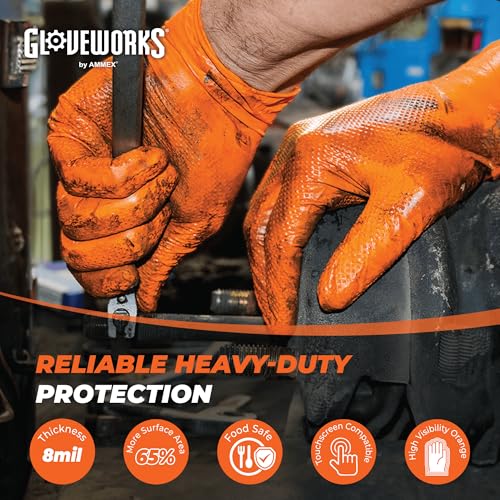 GLOVEWORKS قفازات غلووركس HD نيتريل برتقالية للاستخدام مرة واحدة، 8 مل، خالية من اللاتكس والبودرة، صناعية، آمنة للطعام، بنمط ماسي مرتفع، XX-Large، علبة من 1000 - Image 2