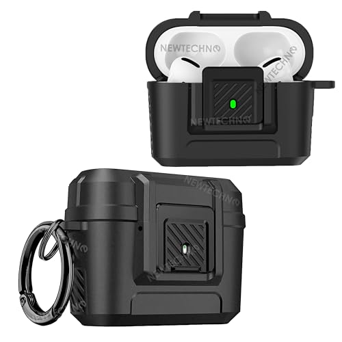 NEWTECHNO Case Cover Compatible for Airpods Pro 2nd Generation (2024), Military Hard Shell Protective Armor with Lock Clip for Airpods Pro Gen 2 Charging Case (2023/2022/2019),Front LED Visible-Black - Image 1