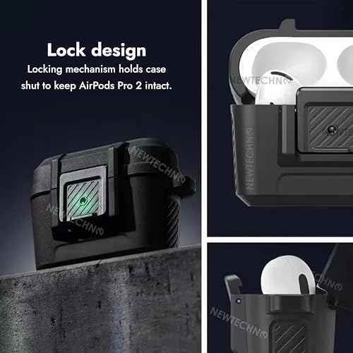 NEWTECHNO Case Cover Compatible for Airpods Pro 2nd Generation (2024), Military Hard Shell Protective Armor with Lock Clip for Airpods Pro Gen 2 Charging Case (2023/2022/2019),Front LED Visible-Black - Image 3