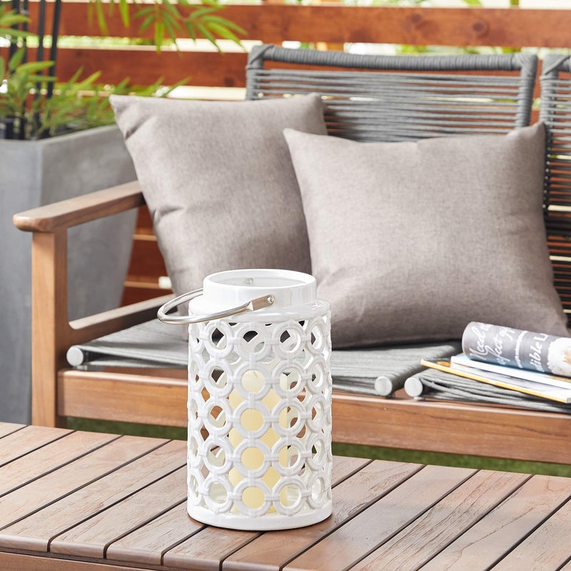 Deco 79 Ceramic Circles Decorative Candle Lantern with Cut Out Design 7 x 8 x 11 White
