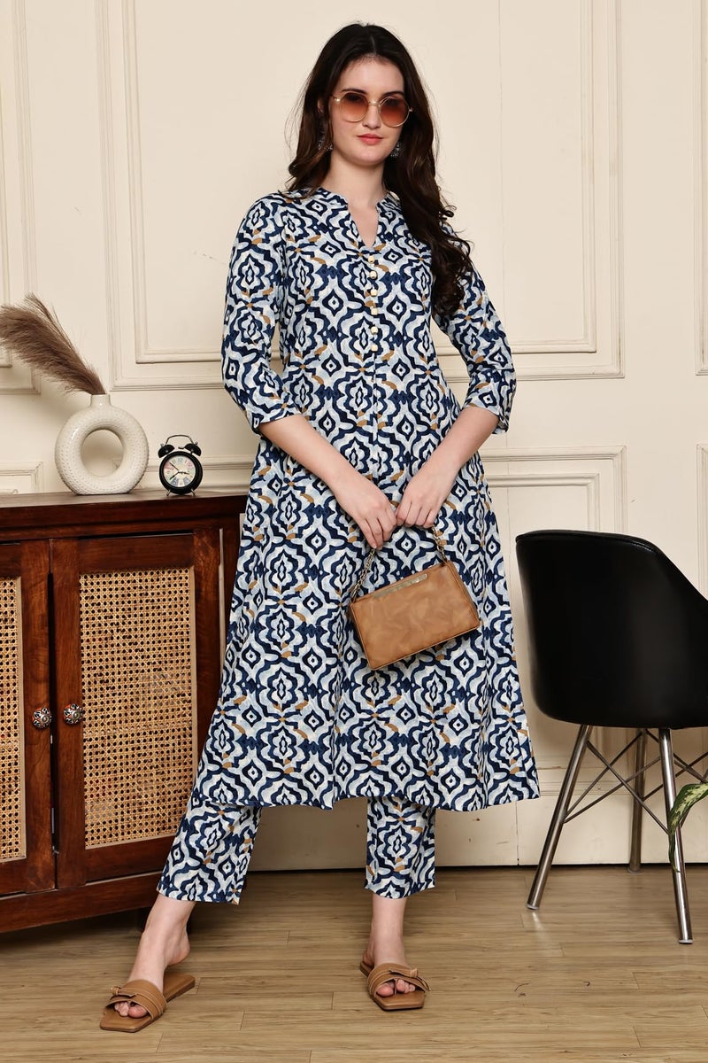 Rajnandini Women's Cotton Jaipuri Printed Kurta with Pant (JOPLJPR521-L_Sky Blue & Blue_L) - Image 5