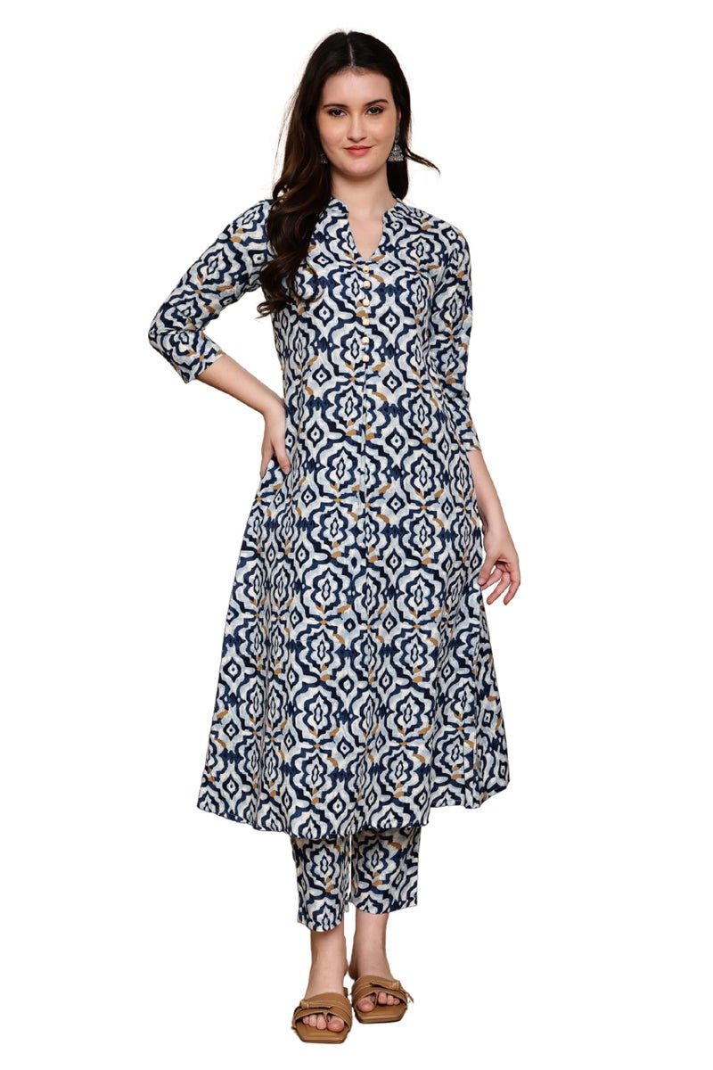Rajnandini Women's Cotton Jaipuri Printed Kurta with Pant (JOPLJPR521-L_Sky Blue & Blue_L) - Image 1