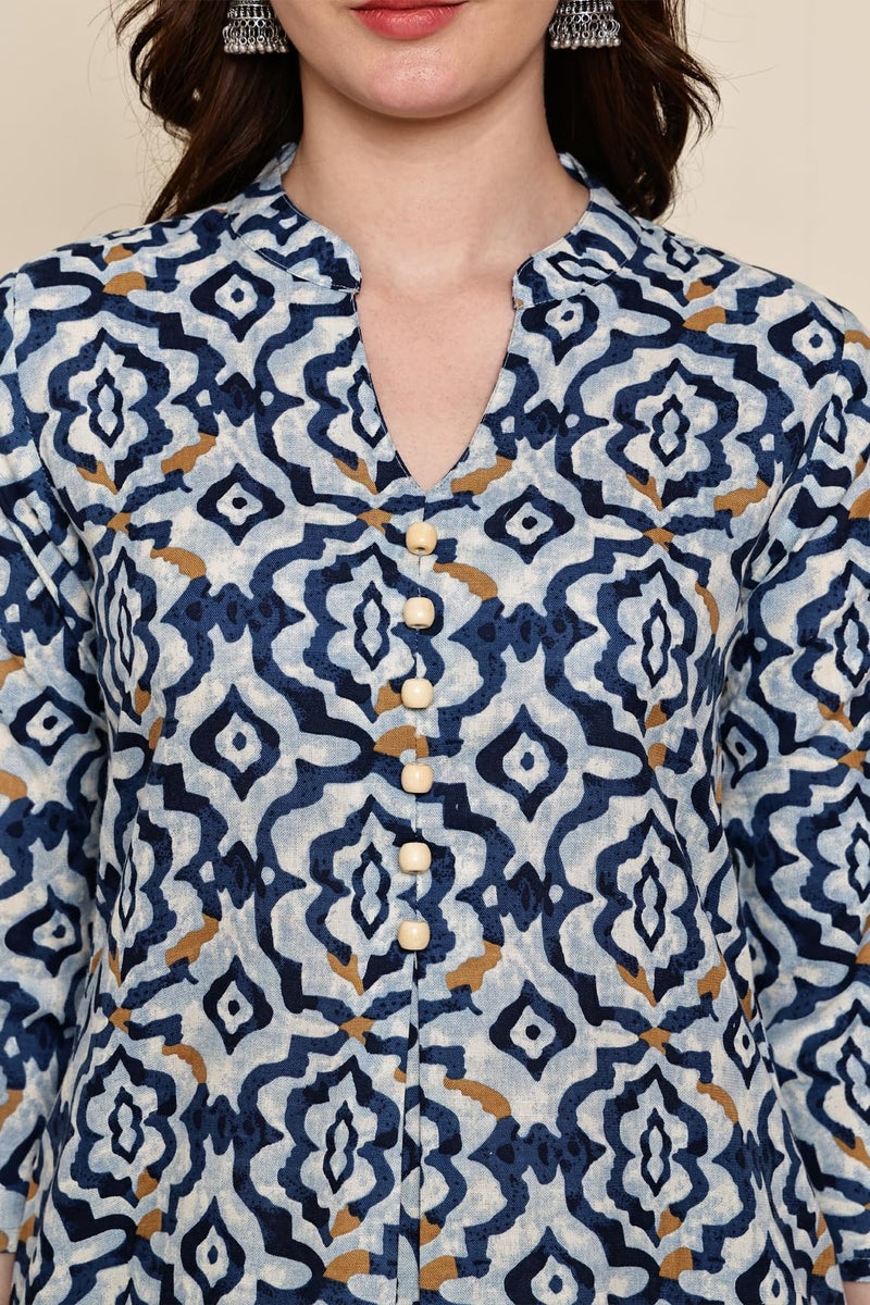 Rajnandini Women's Cotton Jaipuri Printed Kurta with Pant (JOPLJPR521-L_Sky Blue & Blue_L) - Image 3