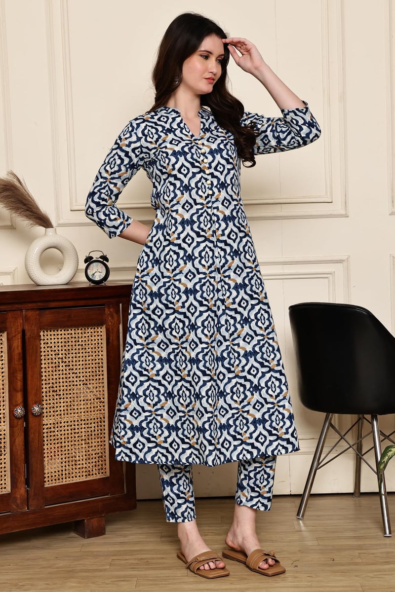 Rajnandini Women's Cotton Jaipuri Printed Kurta with Pant (JOPLJPR521-L_Sky Blue & Blue_L) - Image 4
