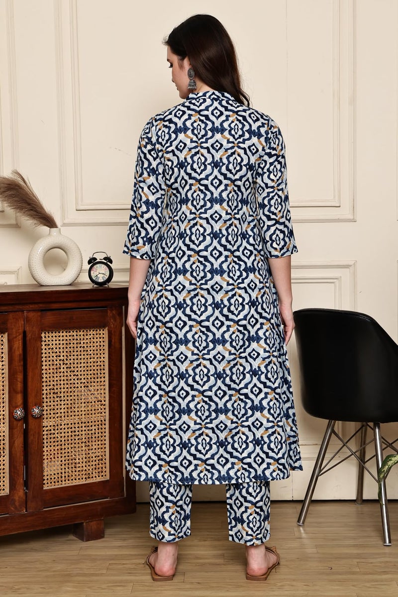 Rajnandini Women's Cotton Jaipuri Printed Kurta with Pant (JOPLJPR521-L_Sky Blue & Blue_L) - Image 2
