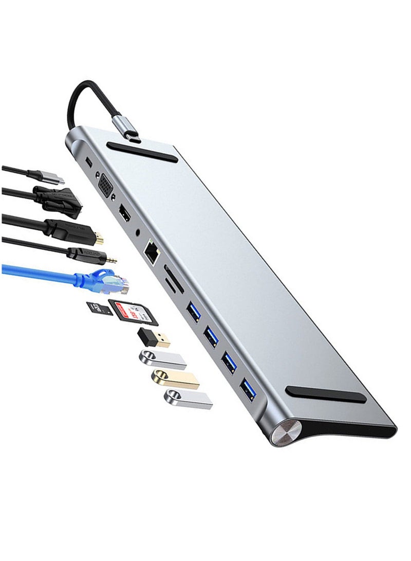 11 in 1 USB C docking station, USB Type C to 4K 30Hz HDMI+VGA,SD/TF card reader,RJ45,4 USB3.0,adapter for MacBook, Mac Pro, Mac Mini, iMac, Silver - Image 1