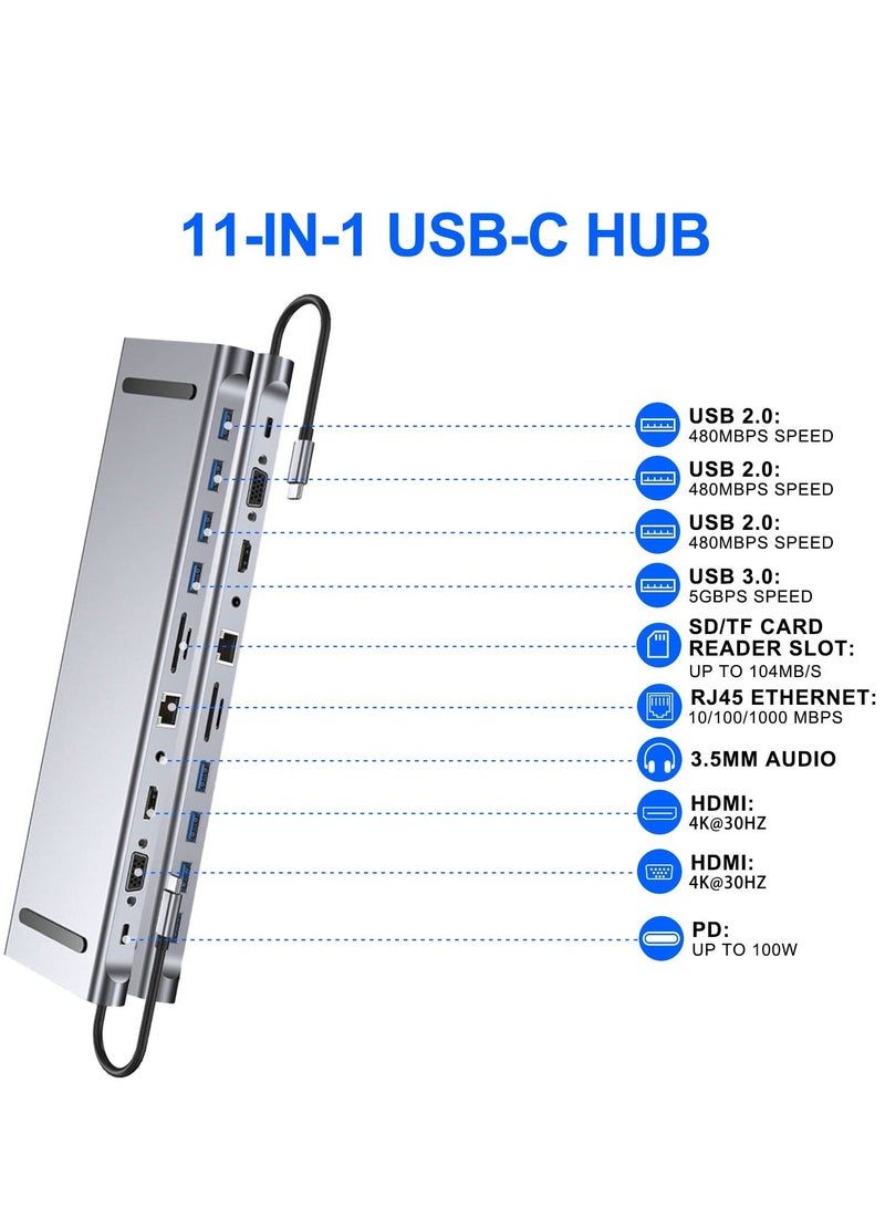 11 in 1 USB C docking station, USB Type C to 4K 30Hz HDMI+VGA,SD/TF card reader,RJ45,4 USB3.0,adapter for MacBook, Mac Pro, Mac Mini, iMac, Silver - Image 3