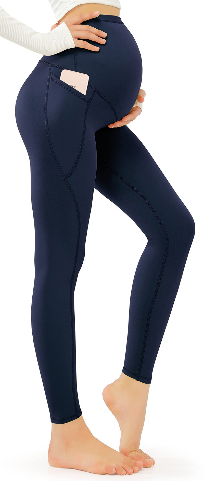 JOYSPELS Smooth Feeling Maternity Leggings Over The Belly with Pockets Workout Pregnancy Leggings Navy - Image 1