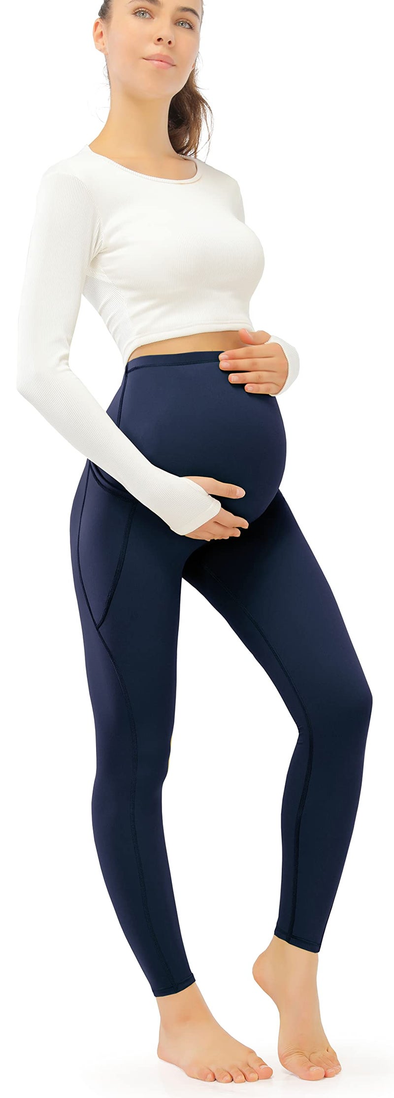 JOYSPELS Smooth Feeling Maternity Leggings Over The Belly with Pockets Workout Pregnancy Leggings Navy - Image 5