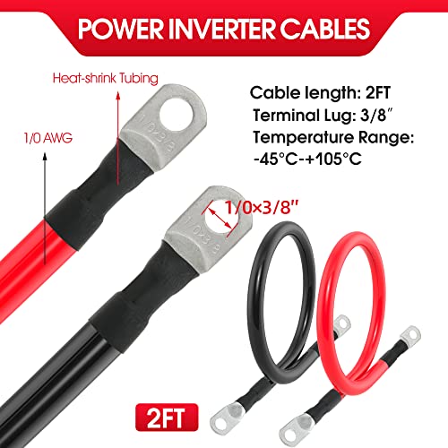 TUELETFU كابل بطارية قياس 1/0 AWG مع موصلات 3/8 بوصة لمحول الطاقة للسيارات البحرية RV والشاحنات والجرارات والدراجات النارية 2 قطعة (2 قدم) - Image 2