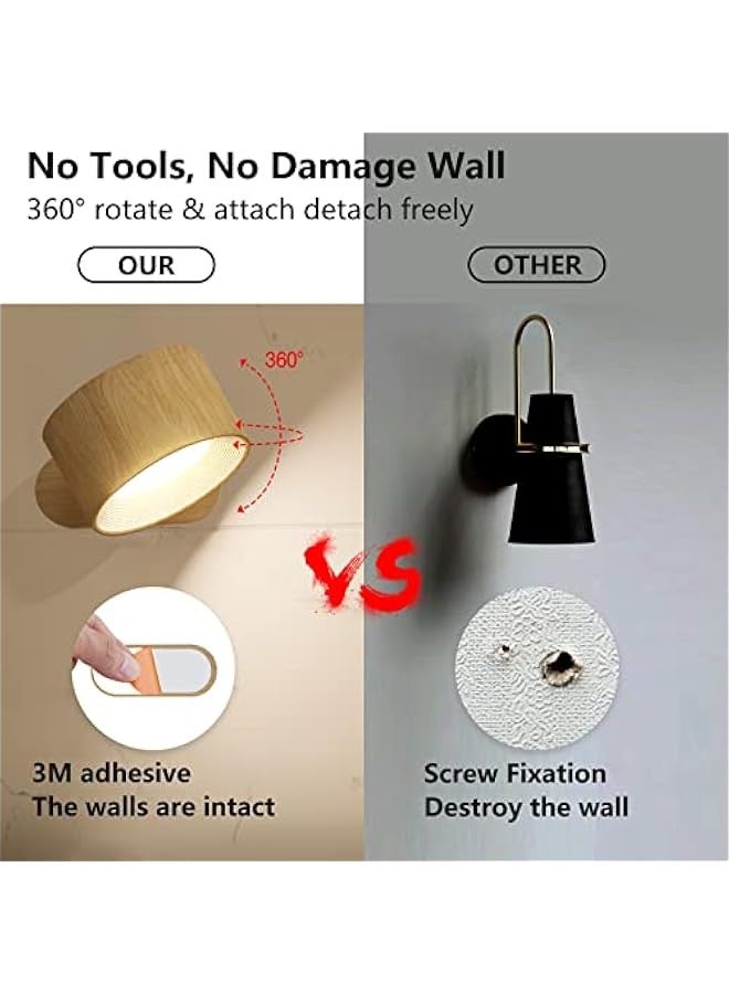 مصباح ليد جداري مع بطارية شحن ومنفذ USB، ثلاثة ألوان وثلاثة مستويات سطوع، كرة مغناطيسية 360 درجة، أضواء لاسلكية للقراءة في السرير. - Image 3