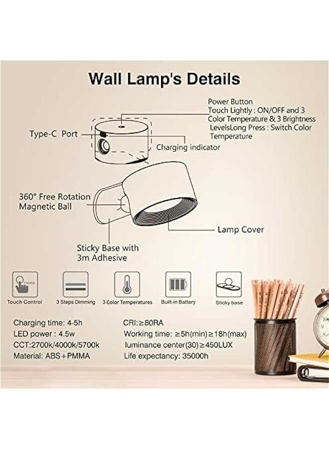 مصباح ليد جداري مع بطارية شحن ومنفذ USB، ثلاثة ألوان وثلاثة مستويات سطوع، كرة مغناطيسية 360 درجة، أضواء لاسلكية للقراءة في السرير. - Image 4