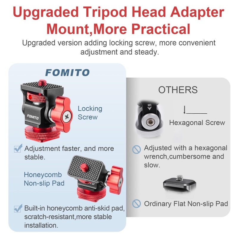 FOMITO Metal Camera Monitor Mount with 1/4" Serew and Cold Shoe, Rotary Adapter 360Â° Swivel Universal for Flash Speedlite, Field Monitor, LED Video Light, Microphone,etc - Red Color - Image 5