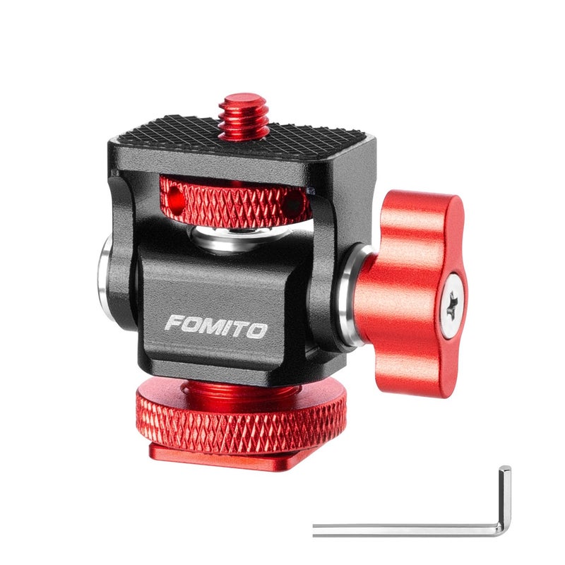 FOMITO Metal Camera Monitor Mount with 1/4" Serew and Cold Shoe, Rotary Adapter 360Â° Swivel Universal for Flash Speedlite, Field Monitor, LED Video Light, Microphone,etc - Red Color - Image 1