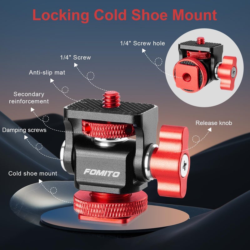 FOMITO Metal Camera Monitor Mount with 1/4" Serew and Cold Shoe, Rotary Adapter 360Â° Swivel Universal for Flash Speedlite, Field Monitor, LED Video Light, Microphone,etc - Red Color - Image 2