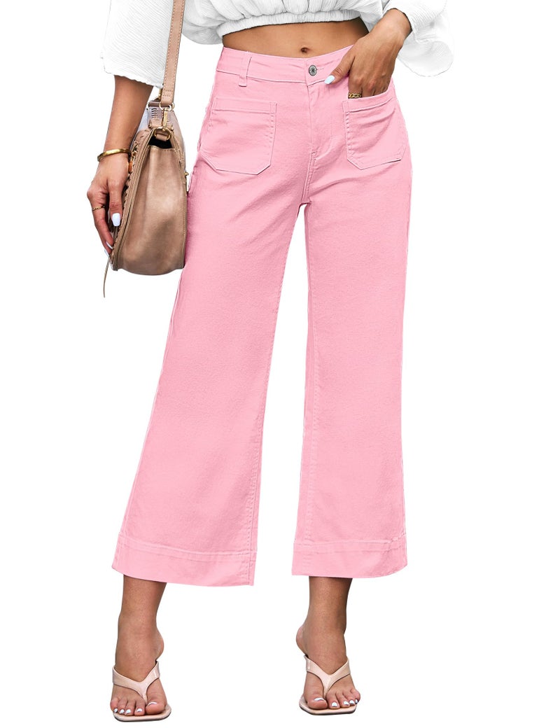 luvamia Wide Leg Jeans for Women Trendy High Waisted Flare Jeans Cropped Denim Pants Stretchy Baggy with Patch Pockets High Rise Wide Leg Jeans for Women Pink Flare Jeans Pink-A-Boo Size 20 Size 22 - Image 1