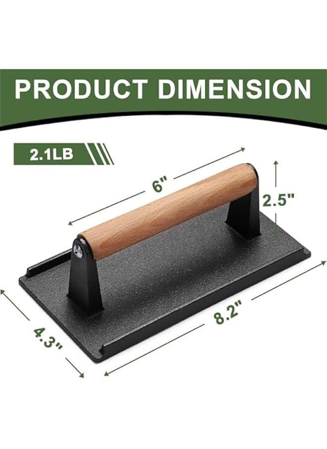 TRASSLE Burger Press,11X21CM Rectangle Heavy-Duty Cast Iron Smash Bacon Press Meat Steak with Wood Handle for Griddle, Sandwich, Nonstick Pan (Rectangle)  - Image 2