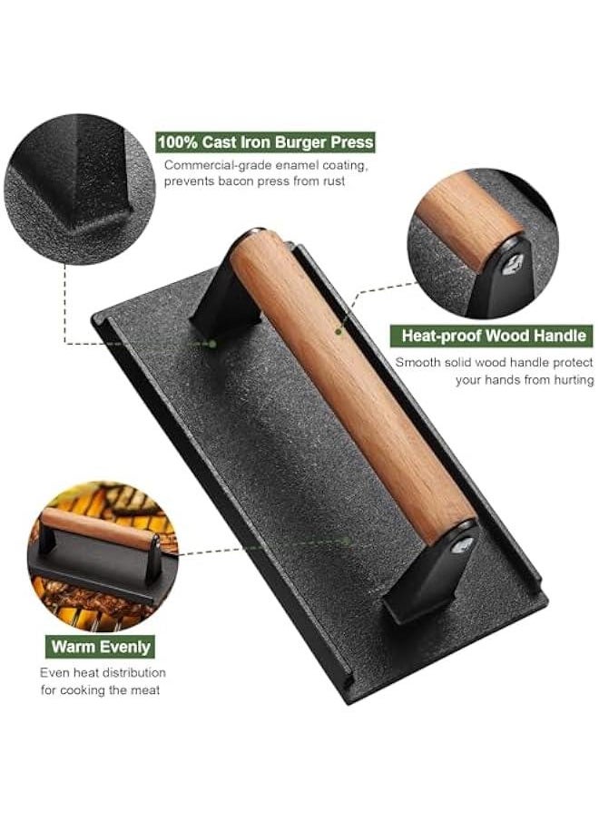 TRASSLE Burger Press,11X21CM Rectangle Heavy-Duty Cast Iron Smash Bacon Press Meat Steak with Wood Handle for Griddle, Sandwich, Nonstick Pan (Rectangle)  - Image 3