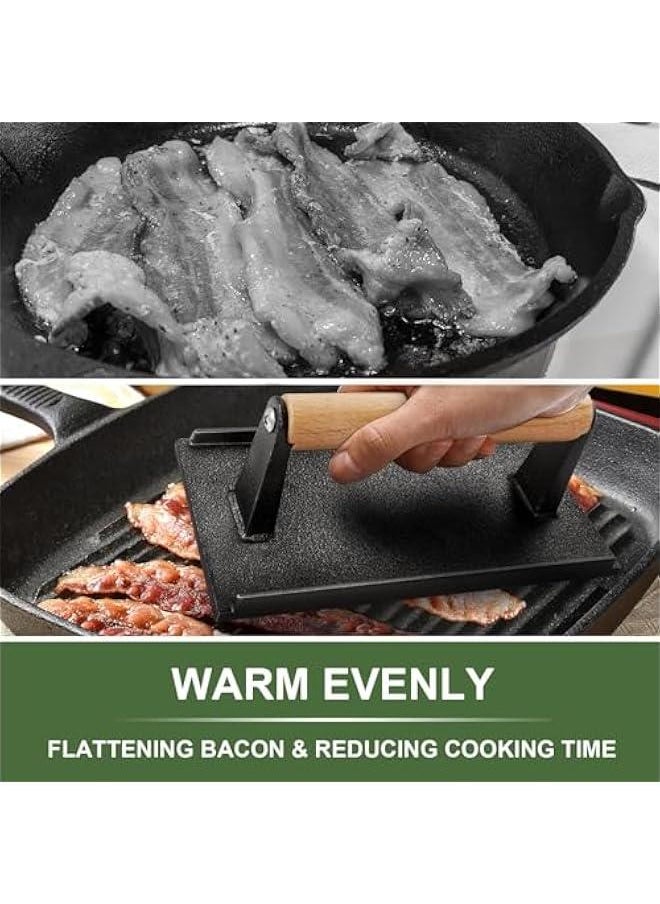 TRASSLE Burger Press,11X21CM Rectangle Heavy-Duty Cast Iron Smash Bacon Press Meat Steak with Wood Handle for Griddle, Sandwich, Nonstick Pan (Rectangle)  - Image 5
