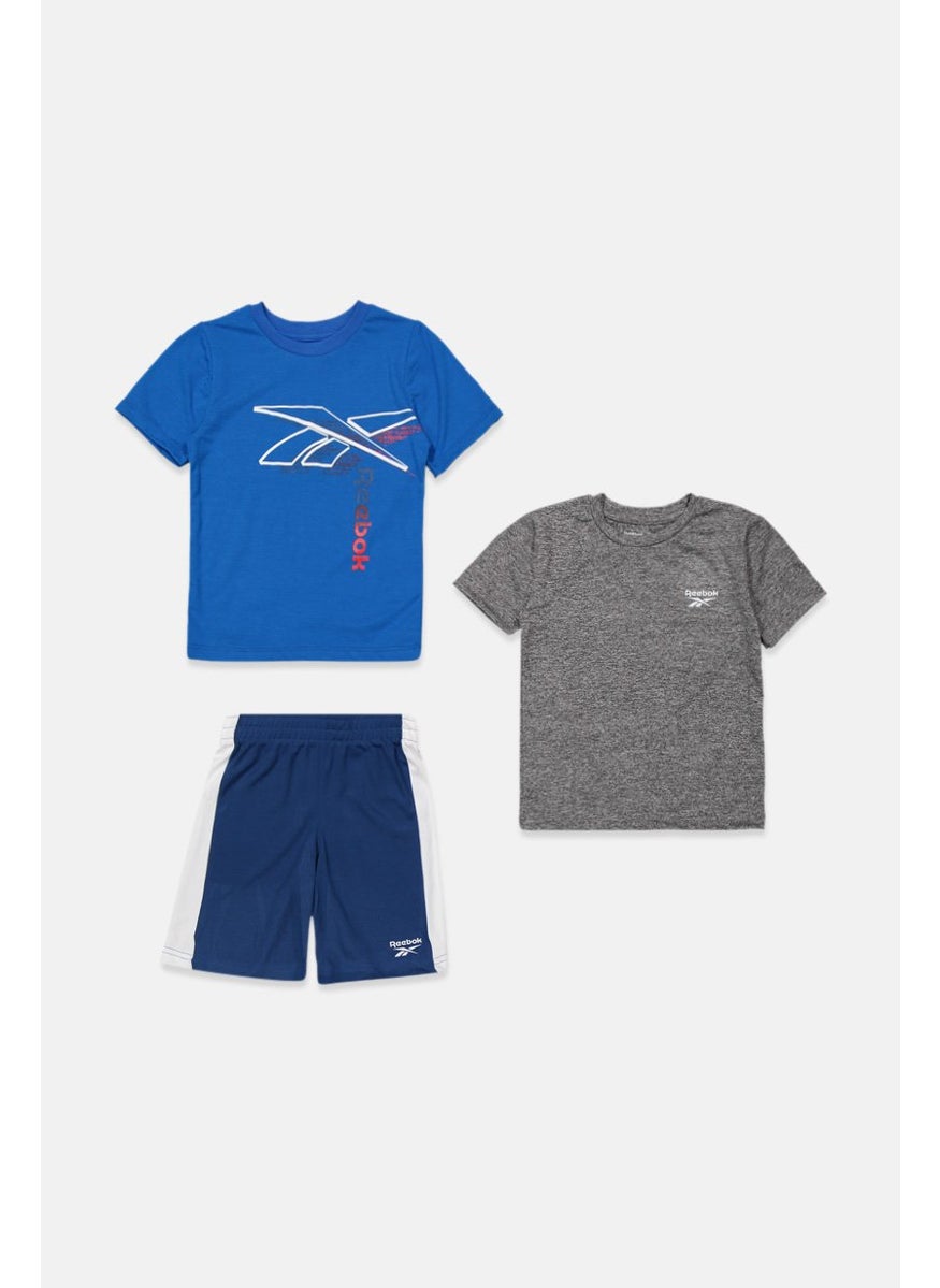 Reebok Toddlers Boy 3 Pcs Short Sleeve Printed T-shirt And Short Set, Blue Combo  - Image 3