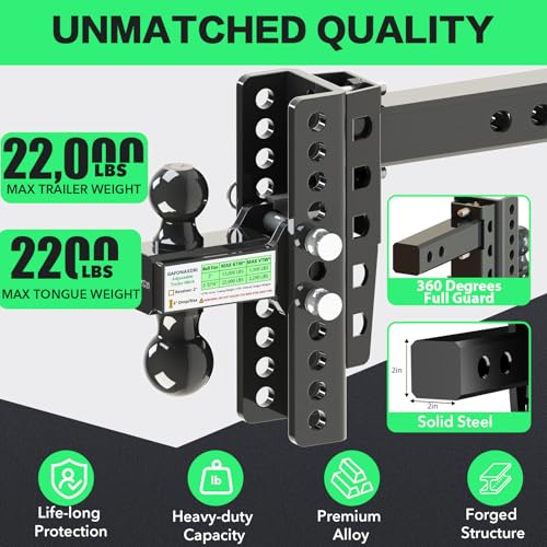 GAFONAXDRI Adjustable Trailer Hitch Fits 2 Inch Receiver, Dual Ball 2'' & 2-5/16'' with 22,000 LBS Max GTW, 8'' Drop/Rise, Premium Manganese Steel Solid Tow Hitches, Bulletproof Lock, Anti Rust, Anti Rattle (8") - Image 2