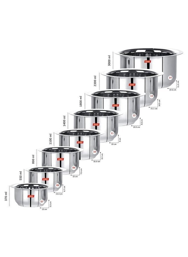 Sumeet Stainless Steel Tope/Patila/Cookware, 370Ml, 550Ml, 800Ml, 1100Ml,1400Ml, 1800Ml, 2300Ml, 3000Ml, 8 Piece (Steel), Silver - Image 3