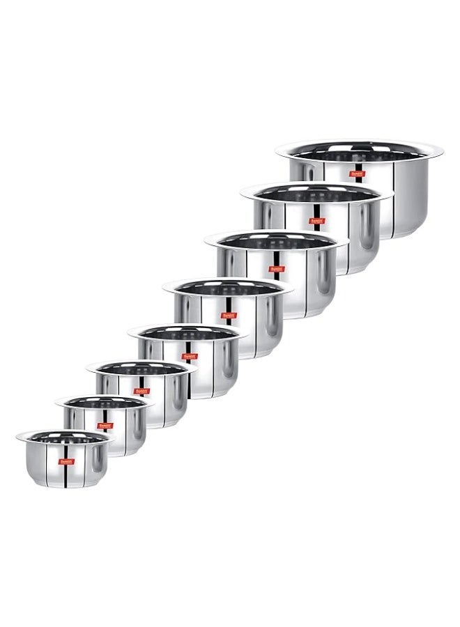 Sumeet Stainless Steel Tope/Patila/Cookware, 370Ml, 550Ml, 800Ml, 1100Ml,1400Ml, 1800Ml, 2300Ml, 3000Ml, 8 Piece (Steel), Silver - Image 1