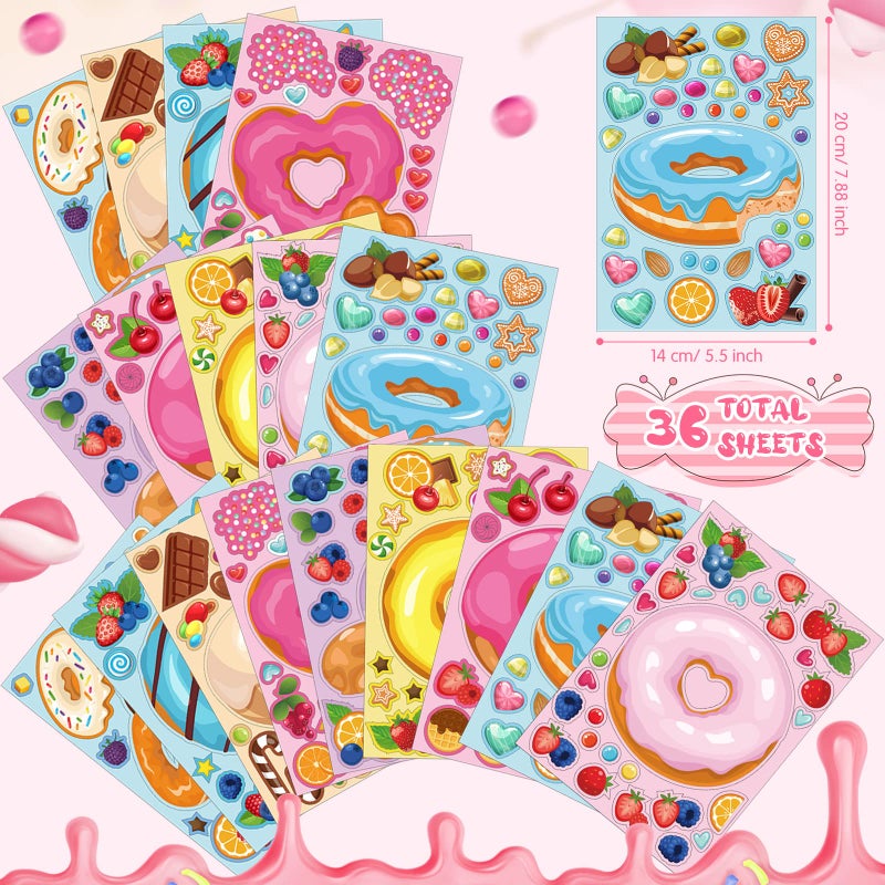 Geyee 36 Sheets Make a Face Donut Stickers for Kids Make Your Own Dessert Stickers Mix and Match Sweets and Treats Fruit, Donut Themed Birthday Gifts DIY Crafts Party Games Favors Supplies Decor - Image 2