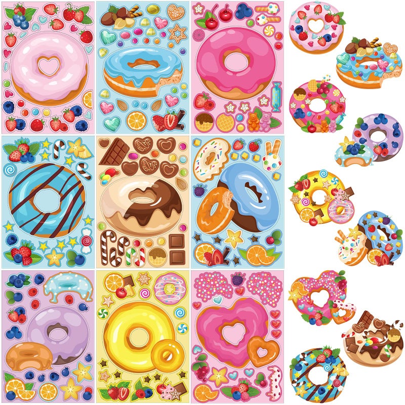 Geyee 36 Sheets Make a Face Donut Stickers for Kids Make Your Own Dessert Stickers Mix and Match Sweets and Treats Fruit, Donut Themed Birthday Gifts DIY Crafts Party Games Favors Supplies Decor - Image 1