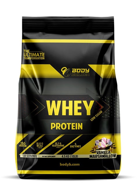 Whey Protein 10 LB, Vanilla Marshmallow – 25g Protein Per Scoop, BCAA, Glutamine, Digestive Enzymes, Low Sugar, Non-GMO