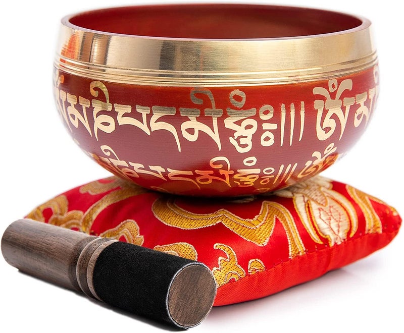 HIMALAYAN BAZAAR Tibetan Singing Bowl Set - Easy To Play for Beginners - Authentic Handcrafted Mindfulness Meditation Holistic Sound 7 Chakra Healing Gift (Crimson) - Image 4