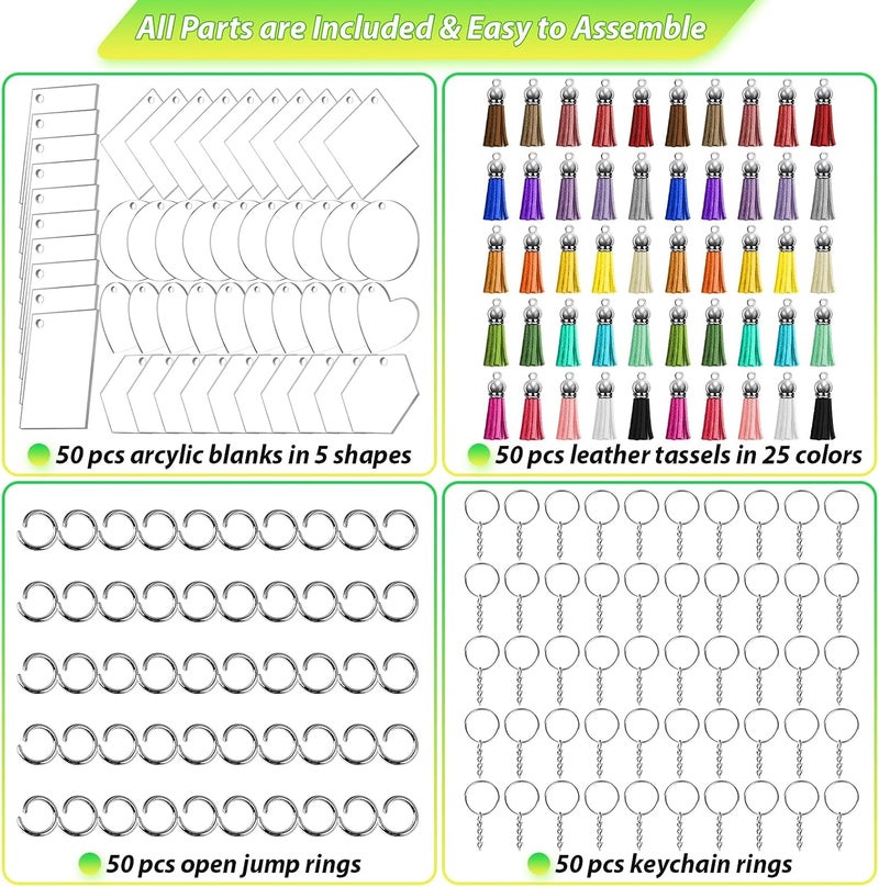 NALACAL 200Pcs Blank Keychains for Vinyl, Acrylic Keychain Blanks Bulk with 5 Shapes Clear Acrylic Disc Leather Tassel Charms Key Chains Jump Ring for DIY Craft Ornament Engrave Painting - Image 4