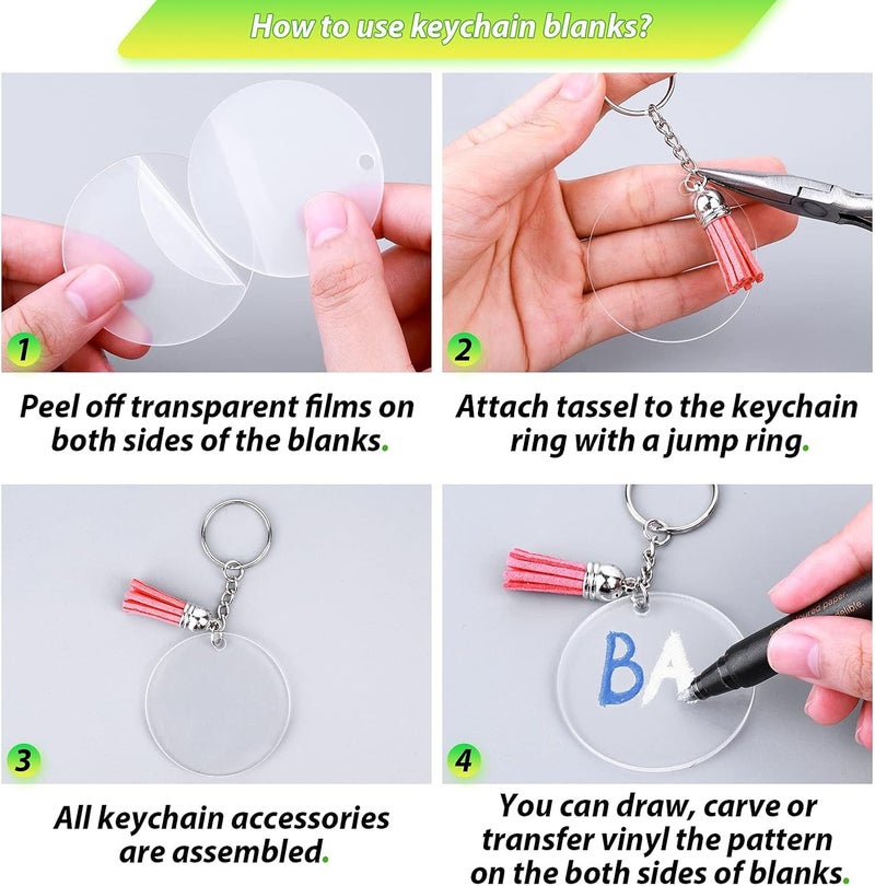 NALACAL 200Pcs Blank Keychains for Vinyl, Acrylic Keychain Blanks Bulk with 5 Shapes Clear Acrylic Disc Leather Tassel Charms Key Chains Jump Ring for DIY Craft Ornament Engrave Painting - Image 5