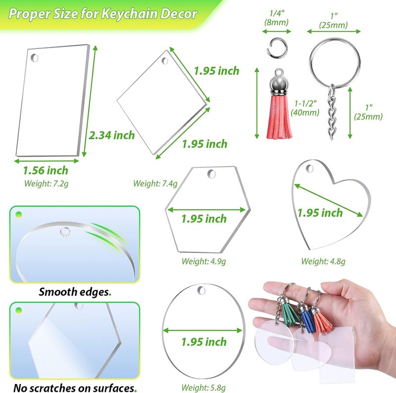 NALACAL 200Pcs Blank Keychains for Vinyl, Acrylic Keychain Blanks Bulk with 5 Shapes Clear Acrylic Disc Leather Tassel Charms Key Chains Jump Ring for DIY Craft Ornament Engrave Painting - Image 3
