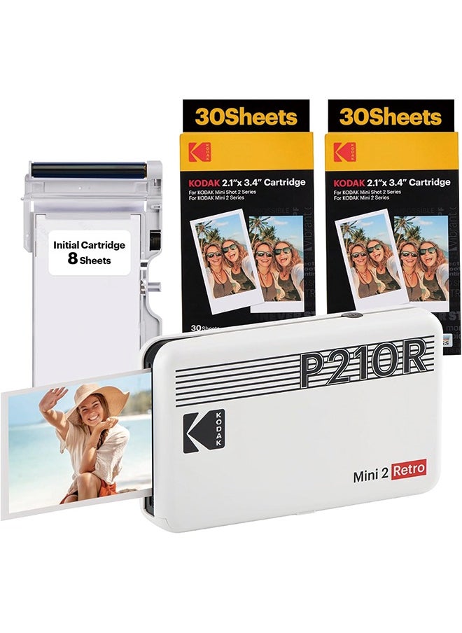 Kodak - KODAK Mini 2 Retro 4PASS Portable Photo Printer (2.1x3.4 inches) Initial 8 Sheets + 60 Sheets Bundle, White - Image 1