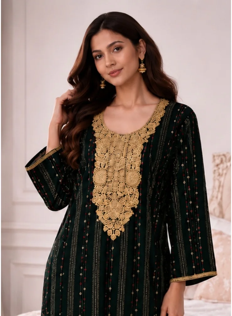 NinEx Jalabiya Maxi Dress for Women, Dark Green