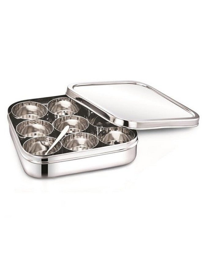 Dibha Stainless Steel Square Shape Masala Box/Masala Dabba With Nine Cups & Spoon, Spice Containers/Kitchen Storage Condiment Box (L-23 X W-23 X H-6 Cm, Large, 2500 Ml) - Silver - Image 1