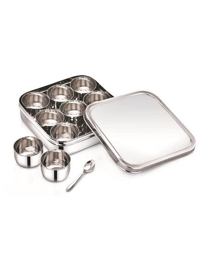 Dibha Stainless Steel Square Shape Masala Box/Masala Dabba With Nine Cups & Spoon, Spice Containers/Kitchen Storage Condiment Box (L-23 X W-23 X H-6 Cm, Large, 2500 Ml) - Silver - Image 2