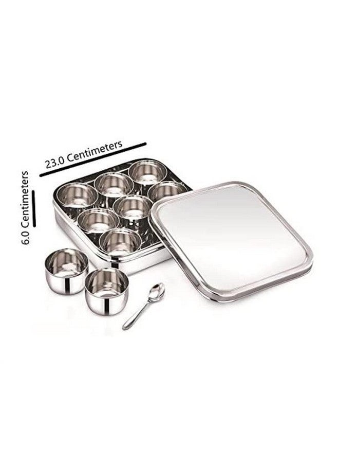 Dibha Stainless Steel Square Shape Masala Box/Masala Dabba With Nine Cups & Spoon, Spice Containers/Kitchen Storage Condiment Box (L-23 X W-23 X H-6 Cm, Large, 2500 Ml) - Silver - Image 3