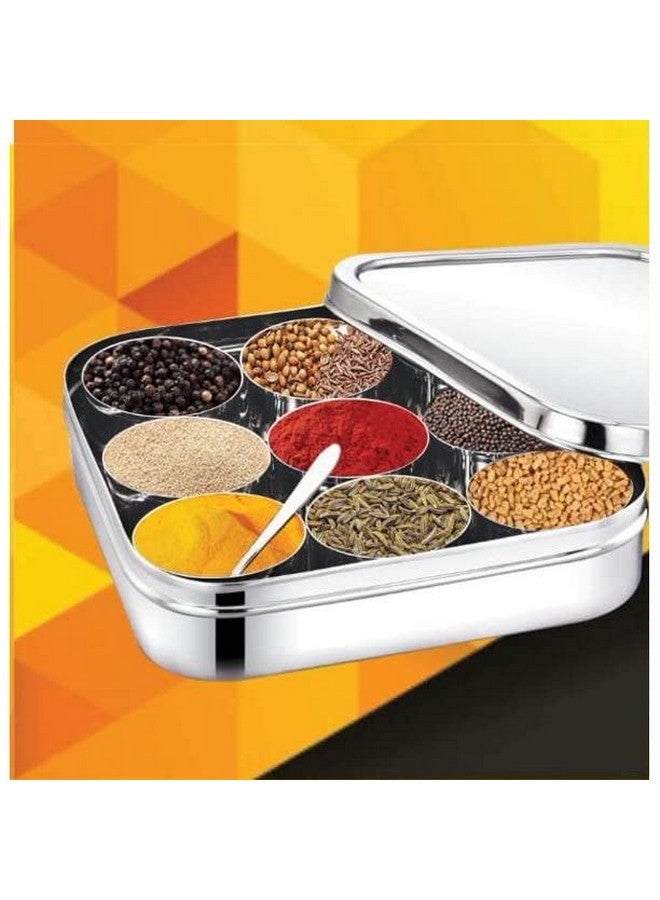 Dibha Stainless Steel Square Shape Masala Box/Masala Dabba With Nine Cups & Spoon, Spice Containers/Kitchen Storage Condiment Box (L-23 X W-23 X H-6 Cm, Large, 2500 Ml) - Silver - Image 4