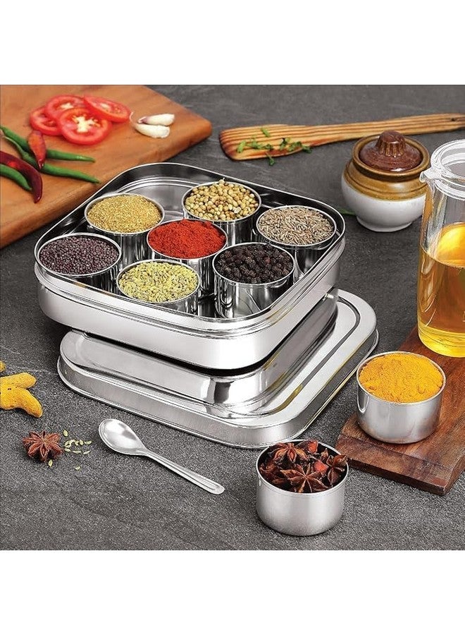 Dibha Stainless Steel Square Shape Masala Box/Masala Dabba With Nine Cups & Spoon, Spice Containers/Kitchen Storage Condiment Box (L-23 X W-23 X H-6 Cm, Large, 2500 Ml) - Silver - Image 5