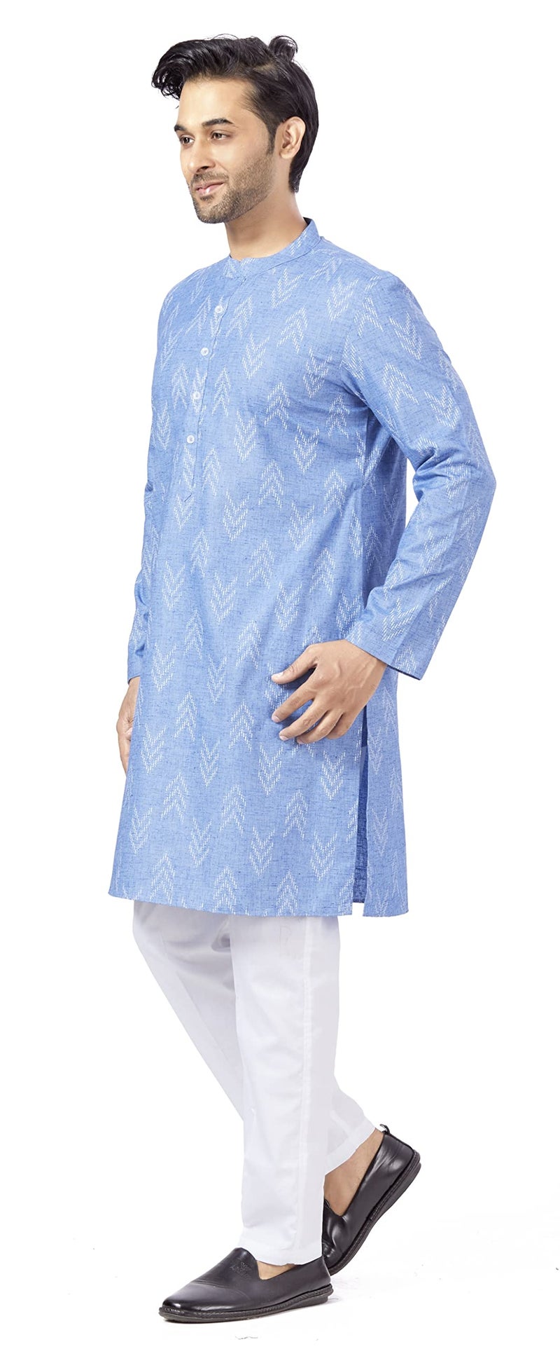 Studio Shringaar Men's Cotton Blend Relaxed Fit Ikat Printed Knee Length Kurta(M119, Blue_4XL) - Image 2