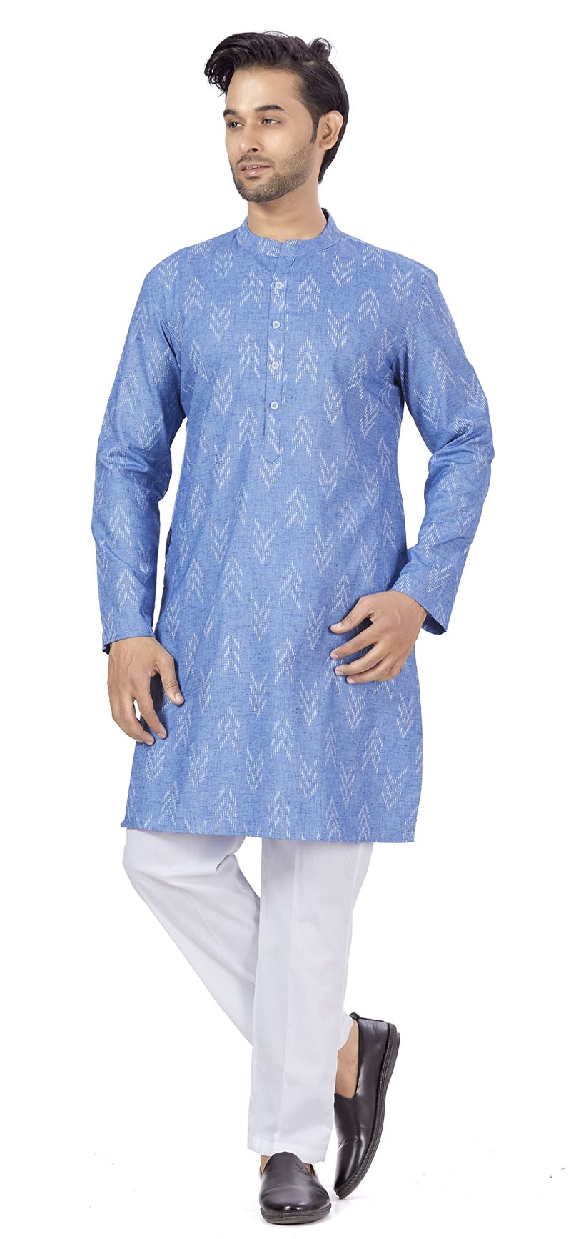 Studio Shringaar Men's Cotton Blend Relaxed Fit Ikat Printed Knee Length Kurta(M119, Blue_4XL) - Image 5