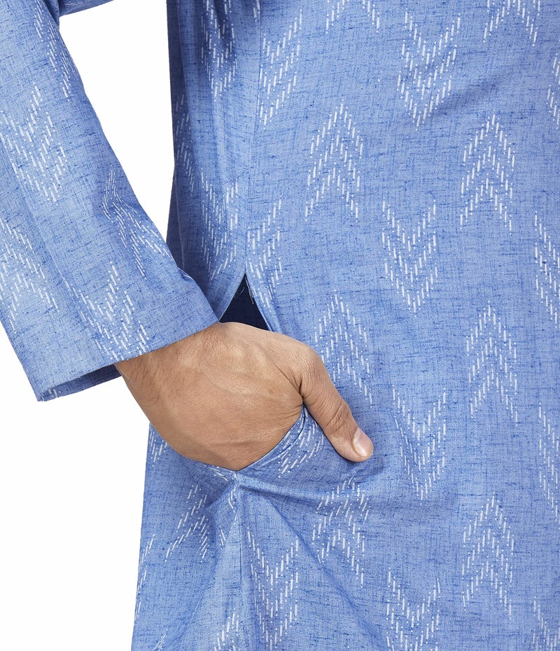 Studio Shringaar Men's Cotton Blend Relaxed Fit Ikat Printed Knee Length Kurta(M119, Blue_4XL) - Image 4