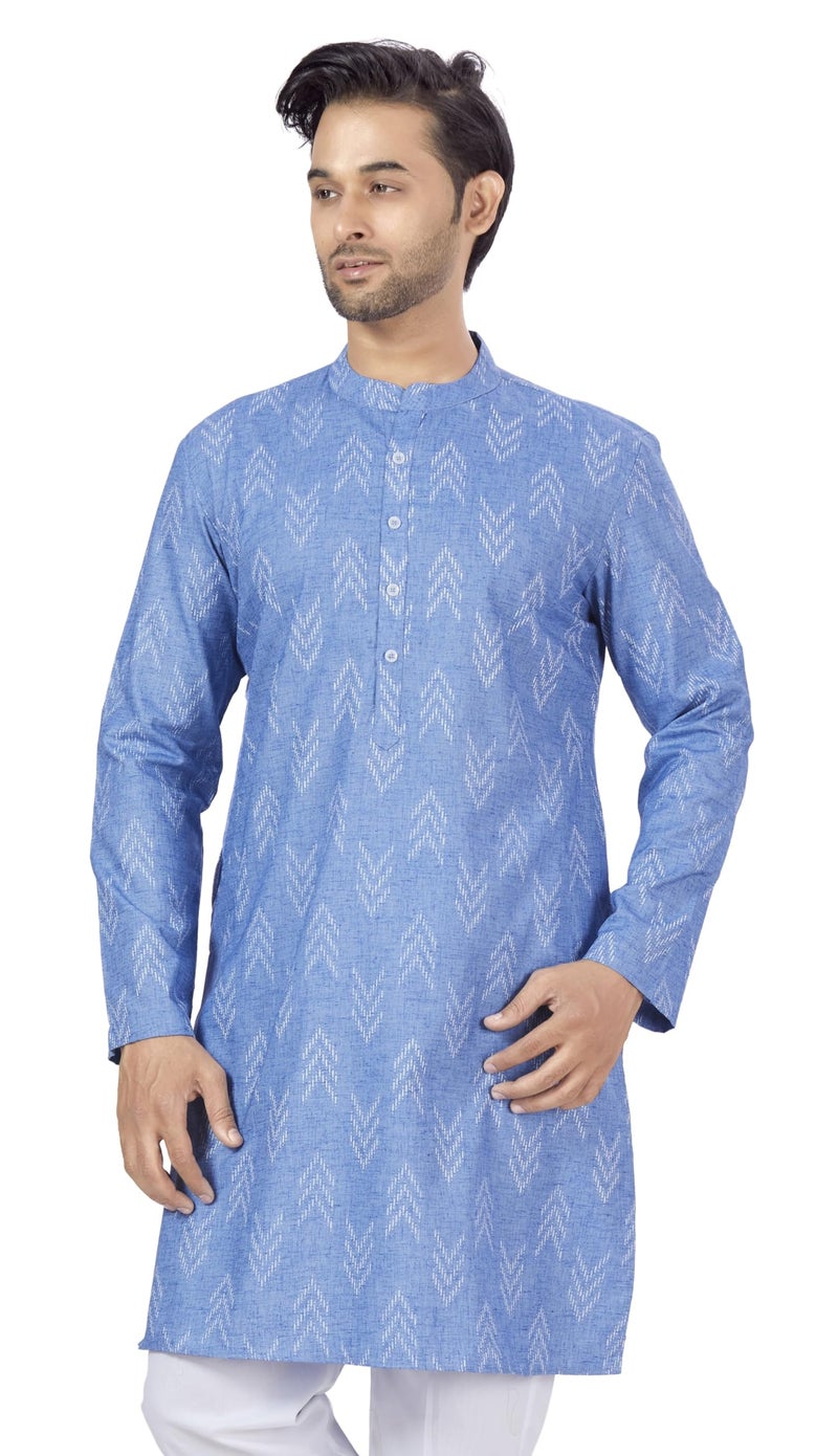 Studio Shringaar Men's Cotton Blend Relaxed Fit Ikat Printed Knee Length Kurta(M119, Blue_4XL) - Image 1