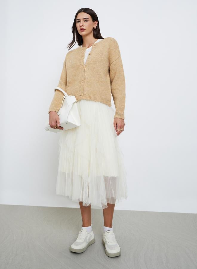 Take Two Beige Knit Cardigan with Dropped Shoulder - Image 2