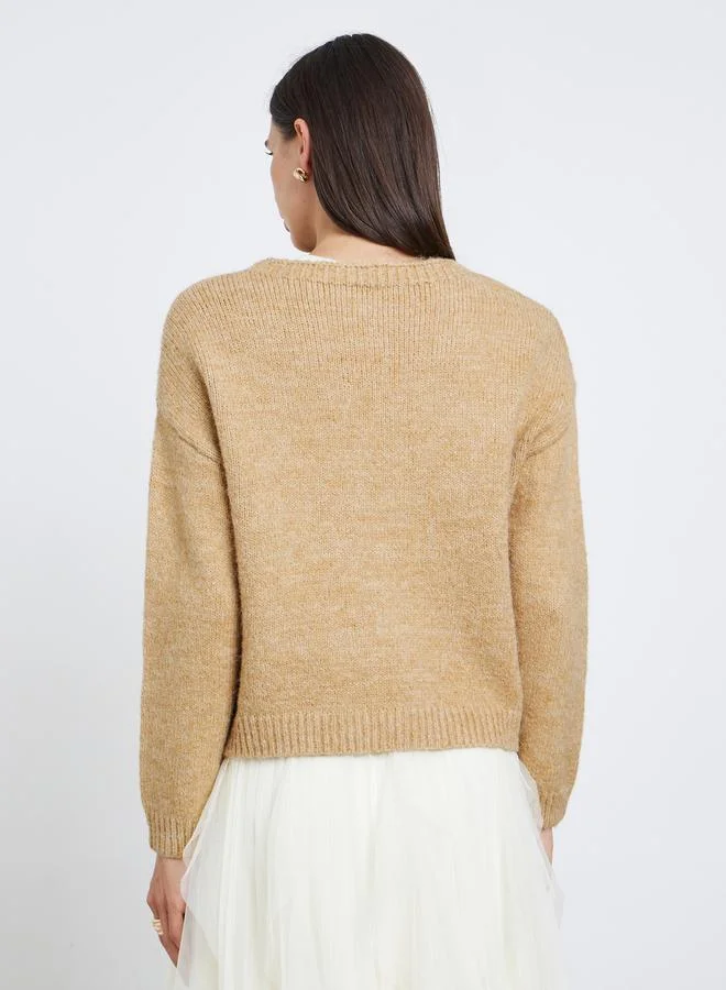 Take Two Take Two Beige Knit Cardigan with Dropped Shoulder