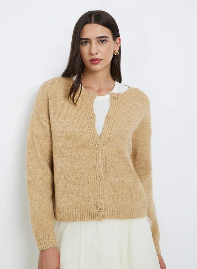 Take Two Take Two Beige Knit Cardigan with Dropped Shoulder