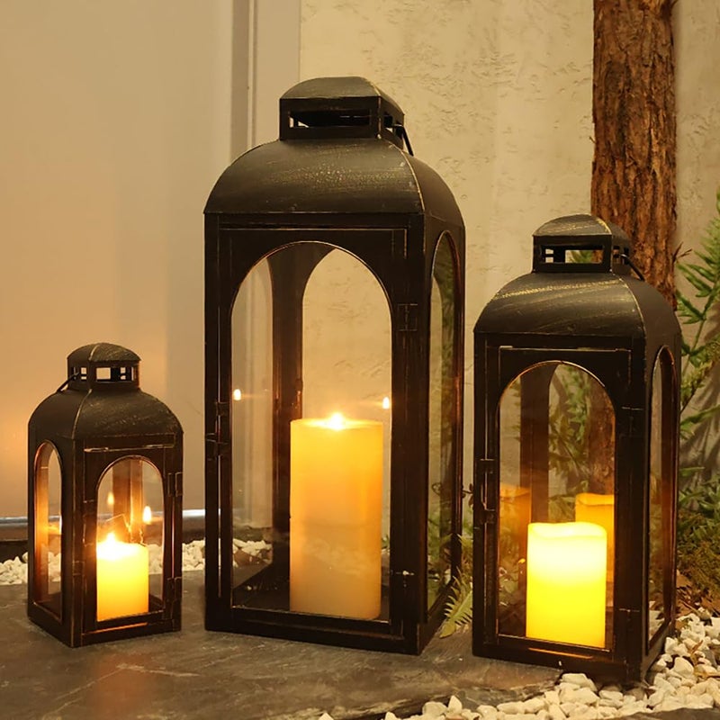 NEEDOMO Lanterns Decorative Indoor&Outdoor,Set of 3 Outdoor Lanterns for Porch, 26" Metal Frame Candle Holders with Glass, Fall, Christmas - Image 1