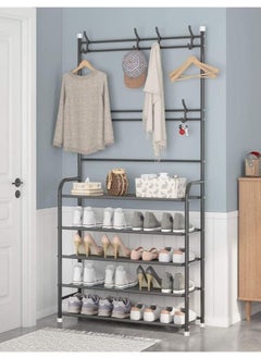EXCLIFE Shoe Rack Stand Entryway Hall Tree 5-Tier Shoe Storage Organizer Shelf with 8 Hanger Hooks for Clothes Hat Scarf Umbrella Bag Hanging  - Image 1